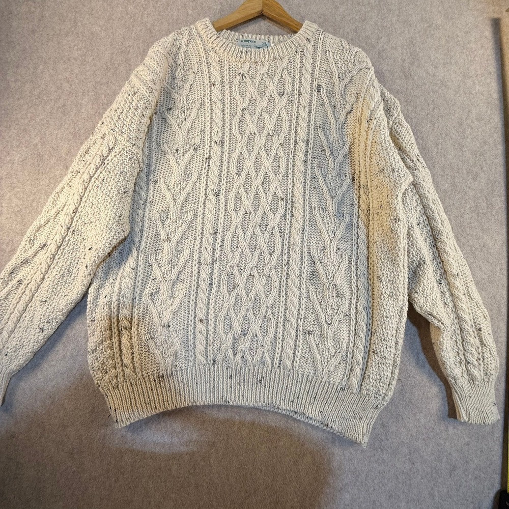 Innisfree Mens XL Wool Aran Cable Knit Sweater Made‎ in Ireland Cream Oatmeal